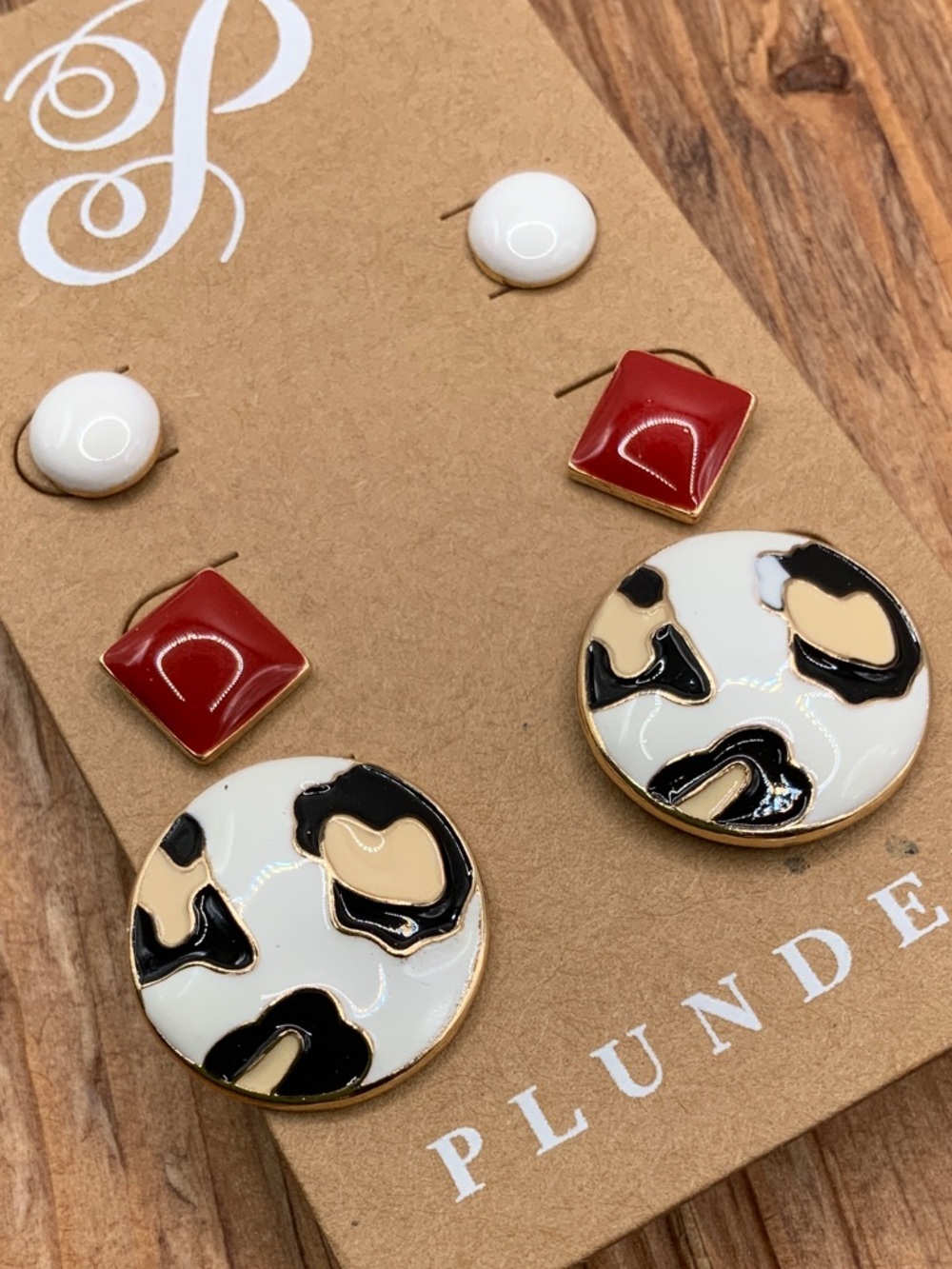 Plunder Design 3 Piece Red, White & Black Enamel Drop Earring Set